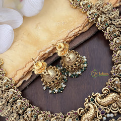 Vriksham Dual Peacock With Lakshmi Pendant Short Neckpiece-Pastel Green Bead-G17834