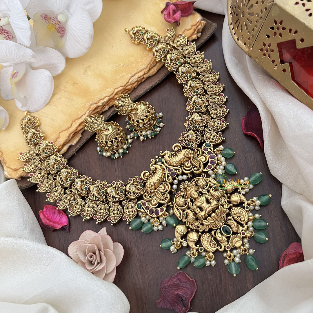 Vriksham Dual Peacock With Lakshmi Pendant Short Neckpiece-Pastel Green Bead-G17834