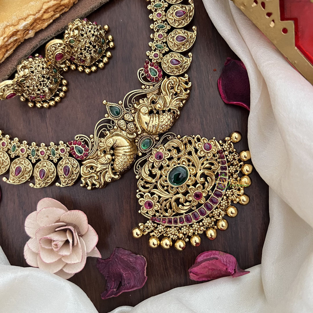 Vriksham Dual Peacock With Maanga Pendant Short Neckpiece-Red Green-Gold Bead-G17849