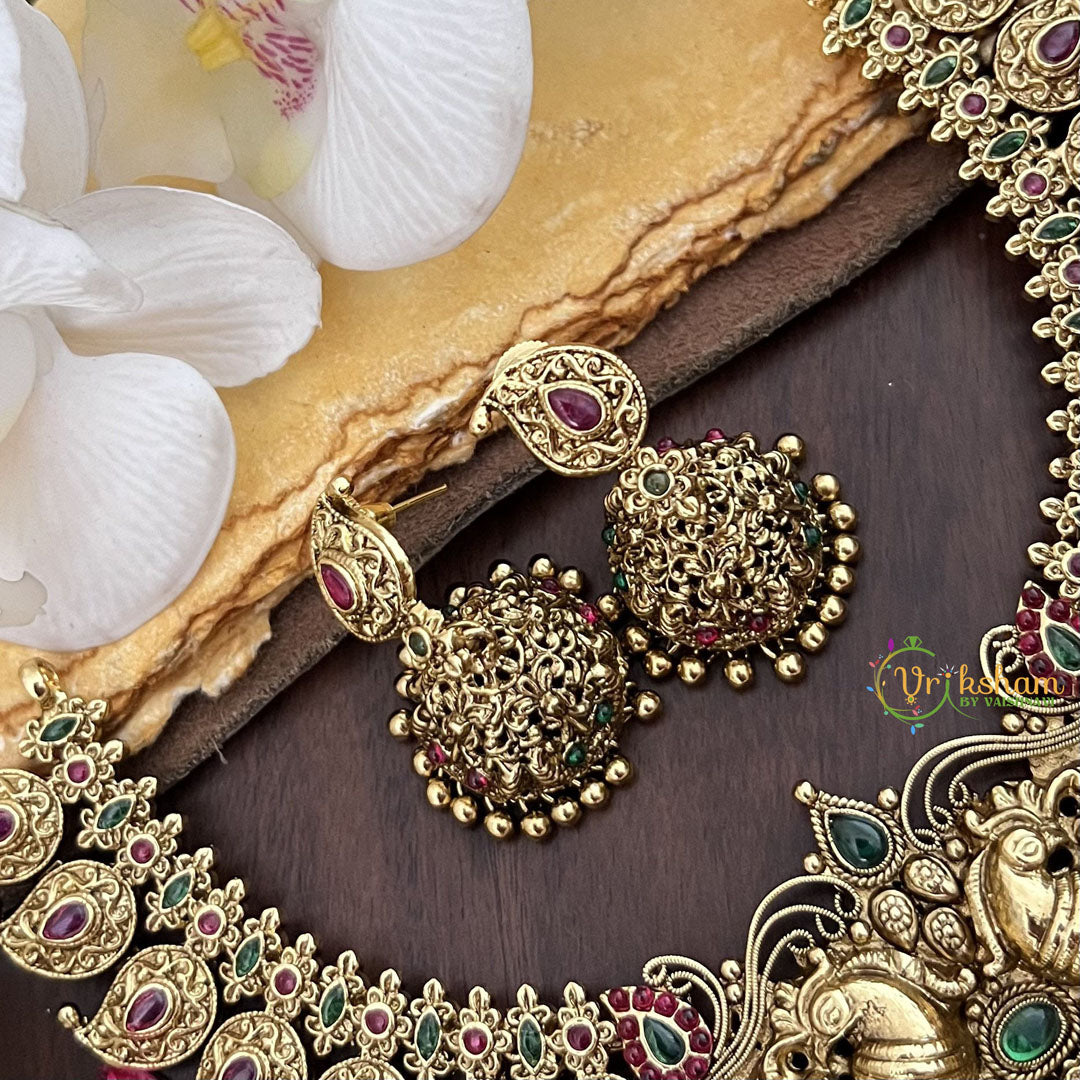 Vriksham Dual Peacock With Maanga Pendant Short Neckpiece-Red Green-Gold Bead-G17849
