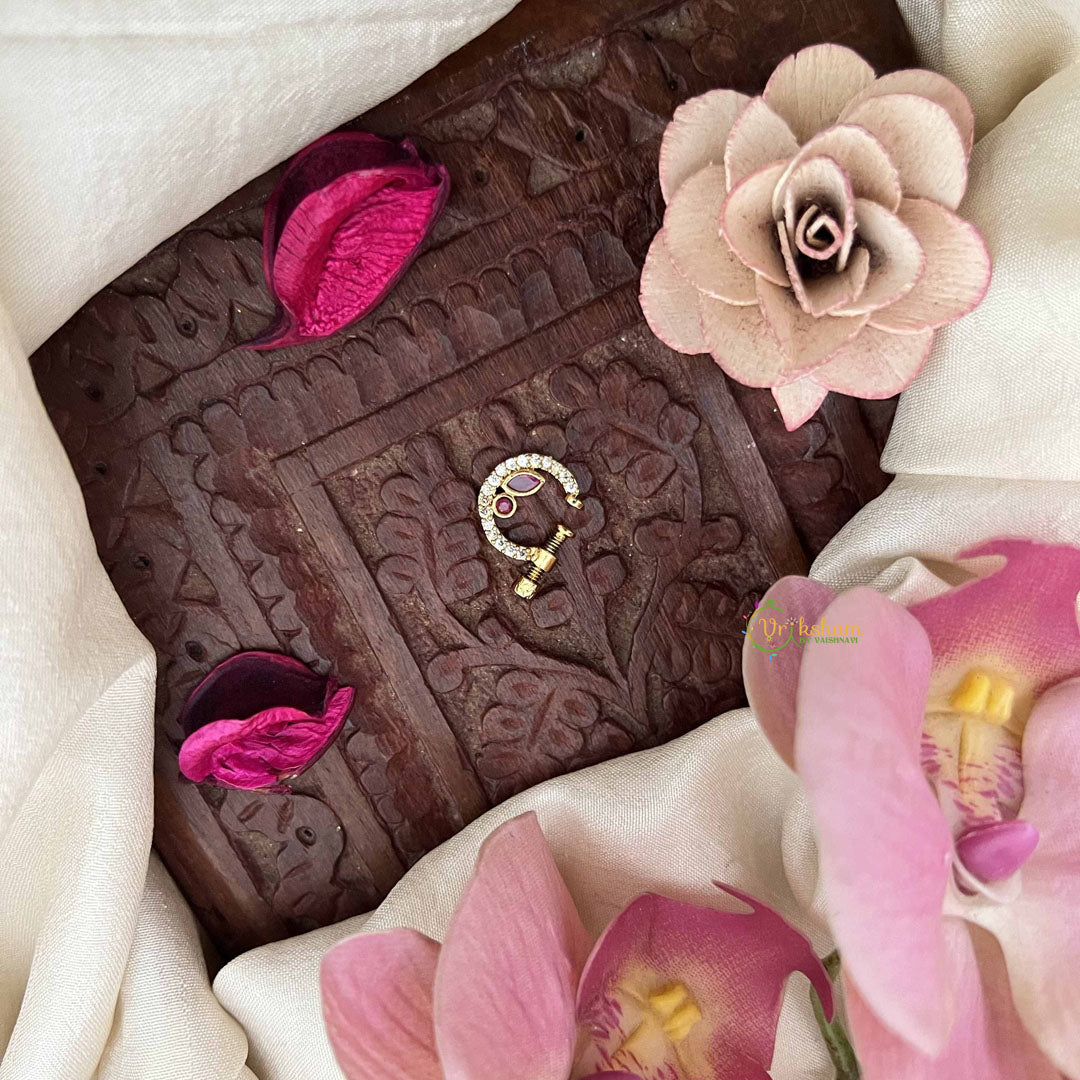 Vriksham Classic Leaf & Dot Style Press Naths/Nose Pin-Red White-G20707