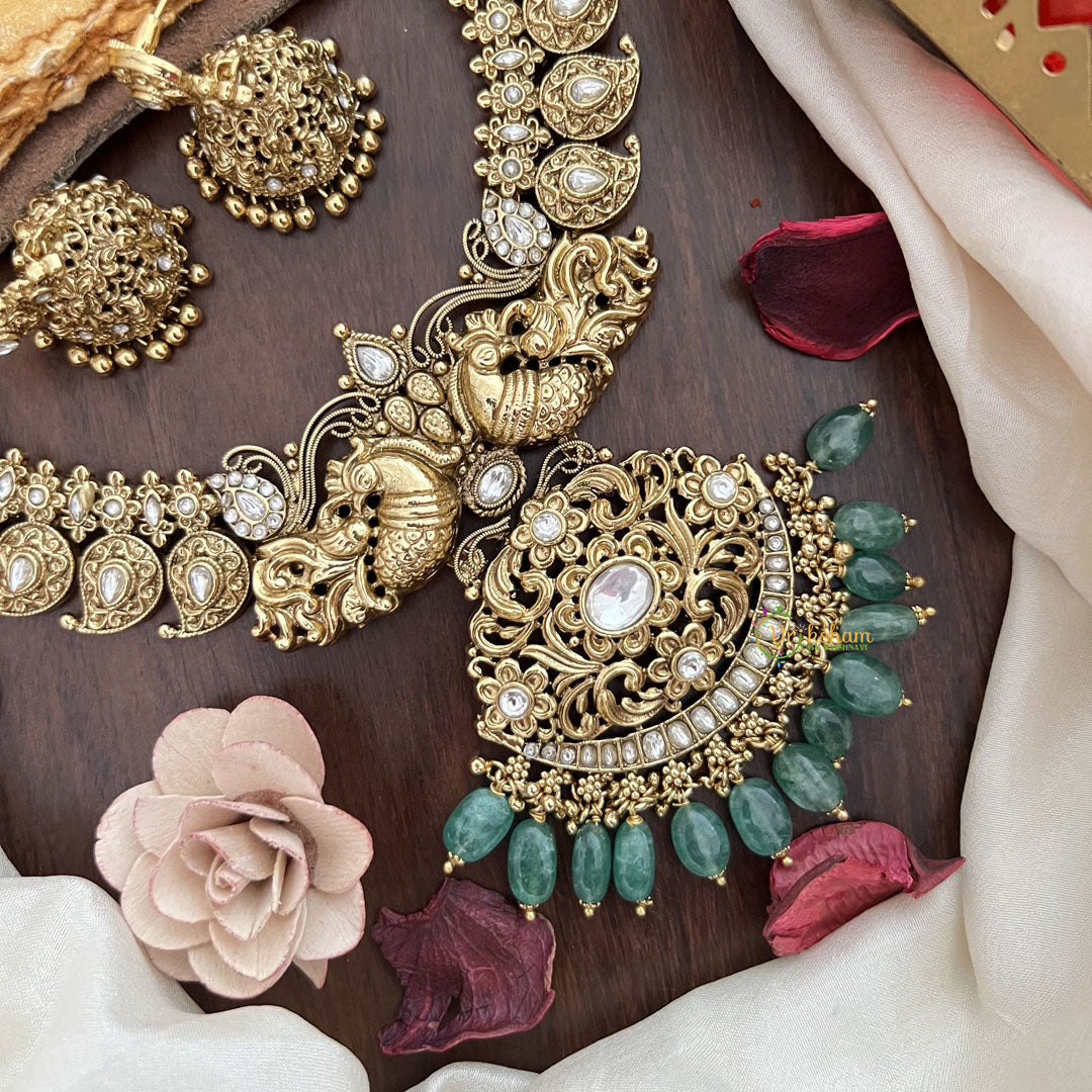 Vriksham Dual Peacock With Maanga Pendant Short Neckpiece-White-Pastel Green Bead-G17833