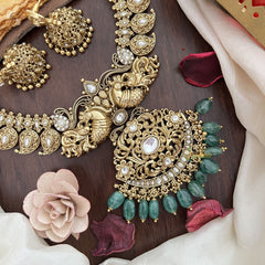 Vriksham Dual Peacock With Maanga Pendant Short Neckpiece-White-Pastel Green Bead-G17833