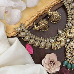 Vriksham Dual Peacock With Maanga Pendant Short Neckpiece-White-Pastel Green Bead-G17833