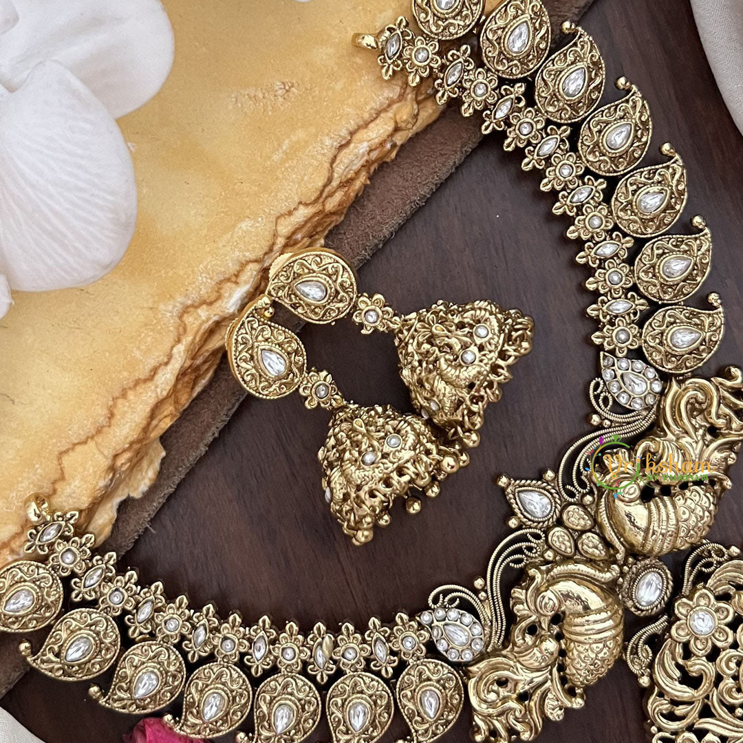 Vriksham Dual Peacock With Maanga Pendant Short Neckpiece-White-Pastel Green Bead-G17833