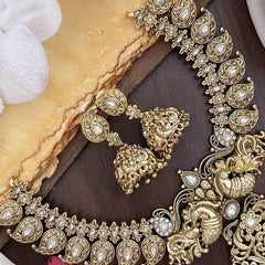 Vriksham Dual Peacock With Maanga Pendant Short Neckpiece-White-Pastel Green Bead-G17833