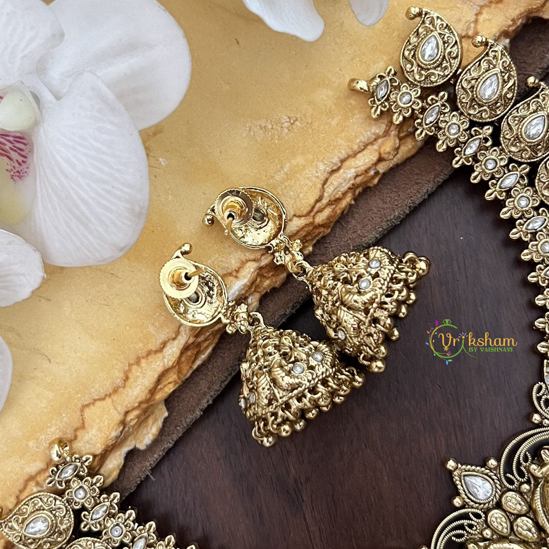 Vriksham Dual Peacock With Maanga Pendant Short Neckpiece-White-Pastel Green Bead-G17833