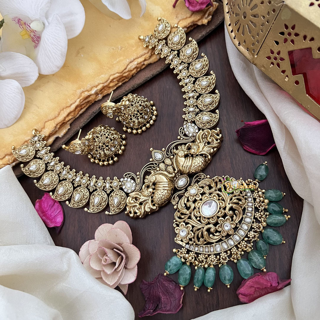 Vriksham Dual Peacock With Maanga Pendant Short Neckpiece-White-Pastel Green Bead-G17833