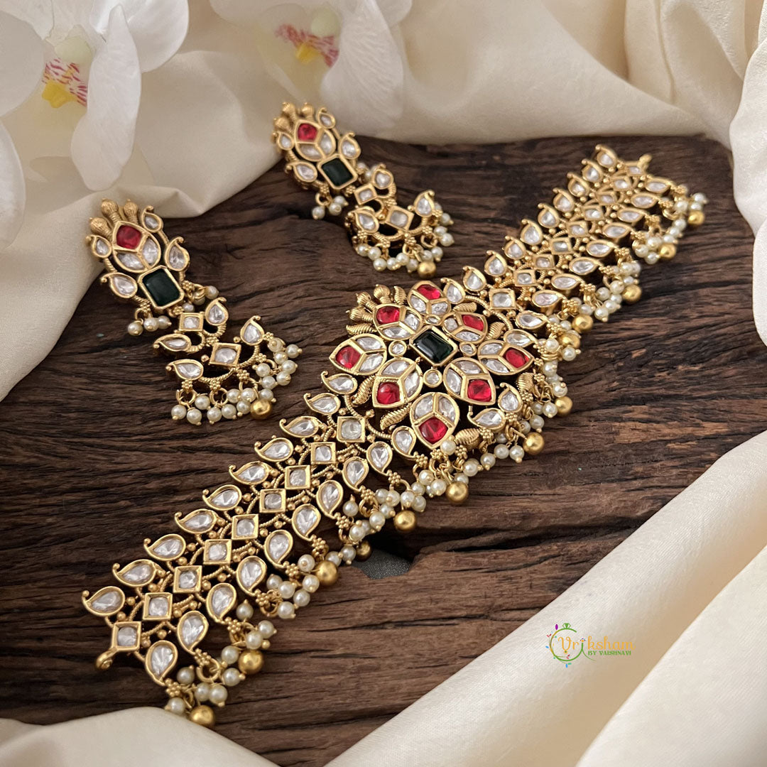 Vriksham Designer AD Stone High Neck Choker-White Red-Gold Bead-Pearl-G15794