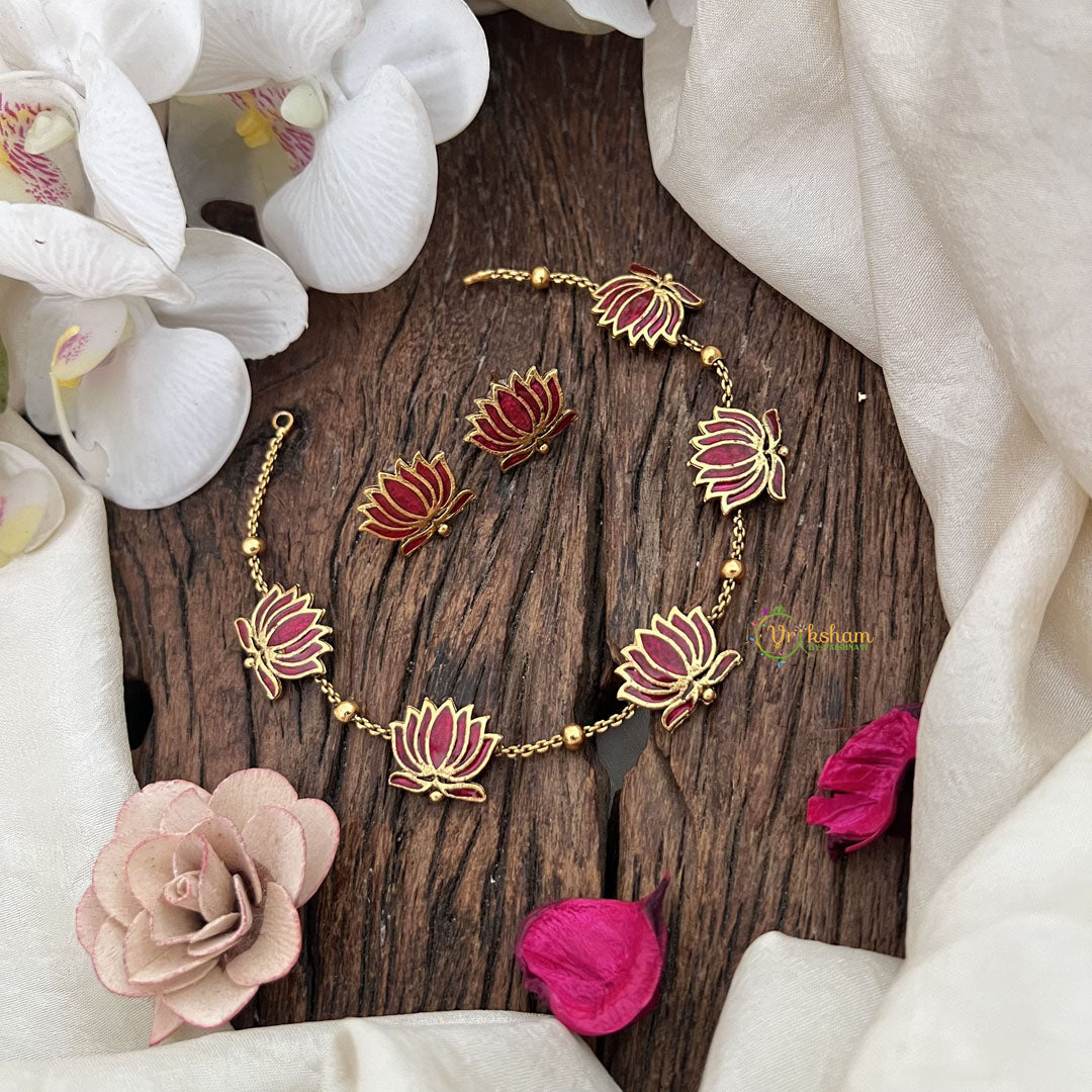 Vriksham Elegant Gold Look Alike Lotus Short Neckpiece-Magenta-G19076