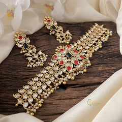 Vriksham Designer AD Stone High Neck Choker-White Red-Gold Bead-Pearl-G15794