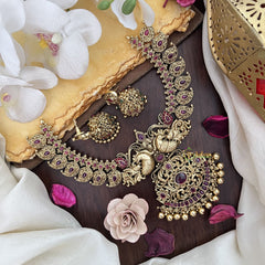 Vriksham Dual Peacock With Maanga Pendant Short Neckpiece-Red-Gold Bead-G17832