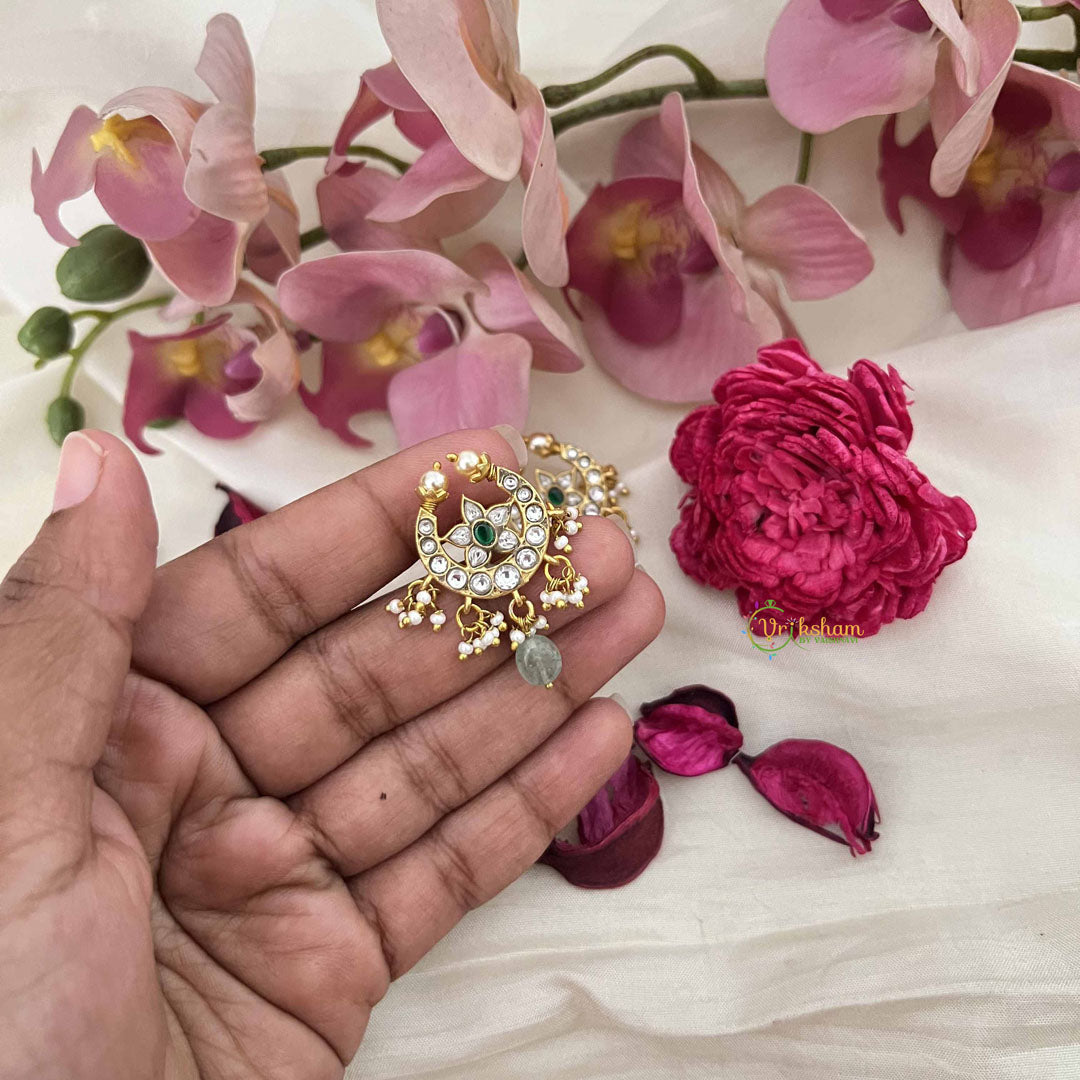 Vriksham Petite Kundan Crescent Stud Kundan Jadau Earrings With Green Bead & Pearl-J3635