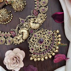 Vriksham Dual Peacock With Maanga Pendant Short Neckpiece-Red-Gold Bead-G17832