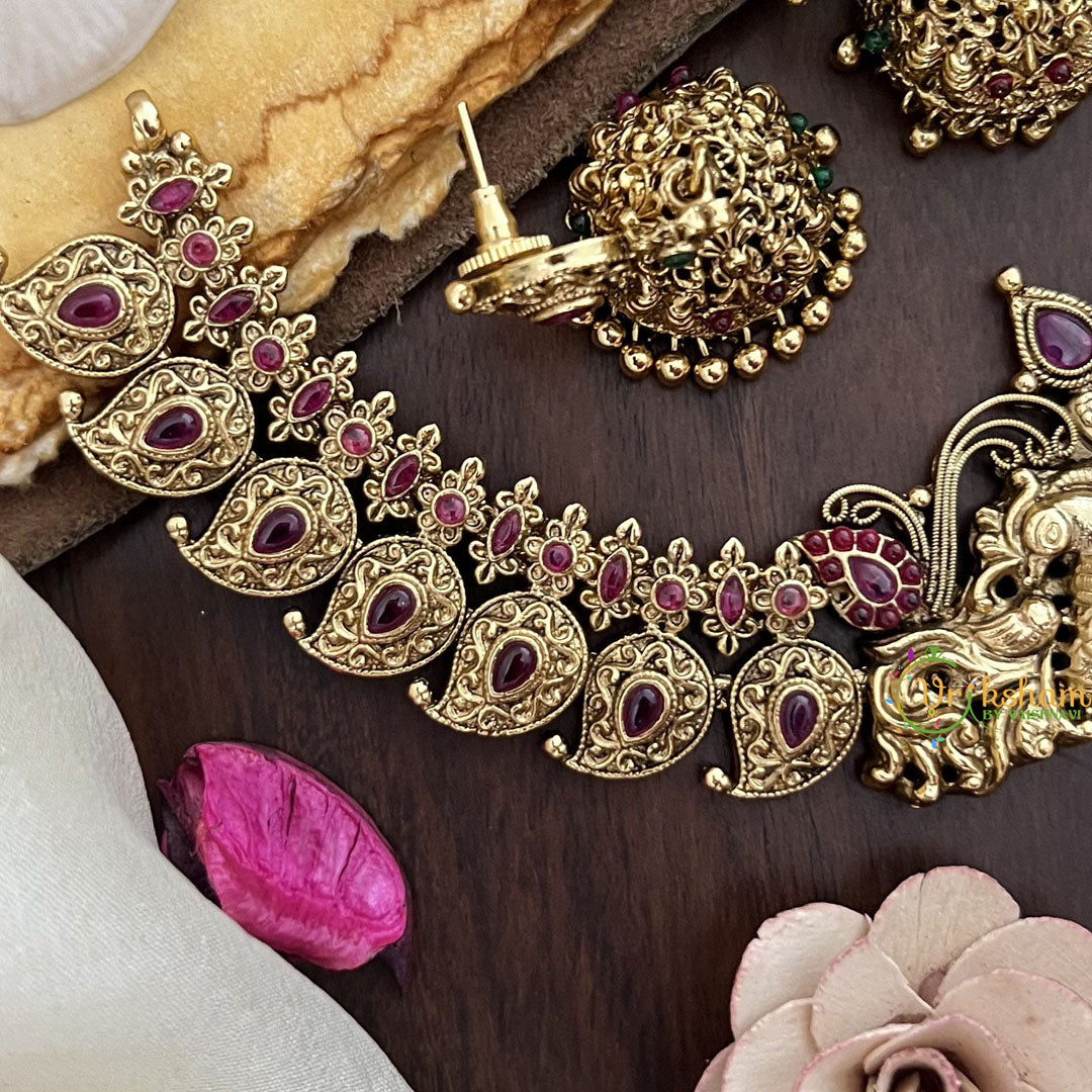 Vriksham Dual Peacock With Maanga Pendant Short Neckpiece-Red-Gold Bead-G17832