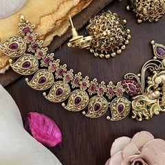 Vriksham Dual Peacock With Maanga Pendant Short Neckpiece-Red-Gold Bead-G17832