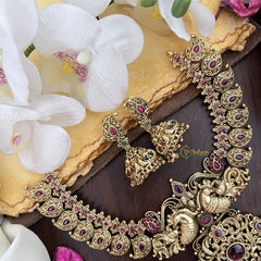 Vriksham Dual Peacock With Maanga Pendant Short Neckpiece-Red-Gold Bead-G17832