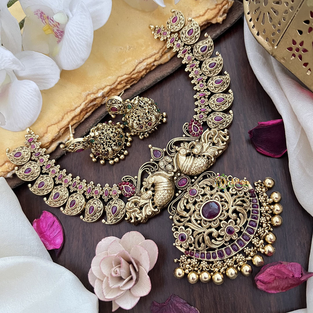 Vriksham Dual Peacock With Maanga Pendant Short Neckpiece-Red-Gold Bead-G17832