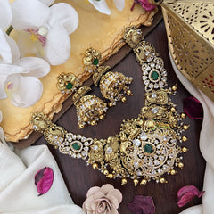 Vriksham Exquisite AD Stone Dual Peacock Elephant Short Neckpiece-Green-Gold Bead-G17842