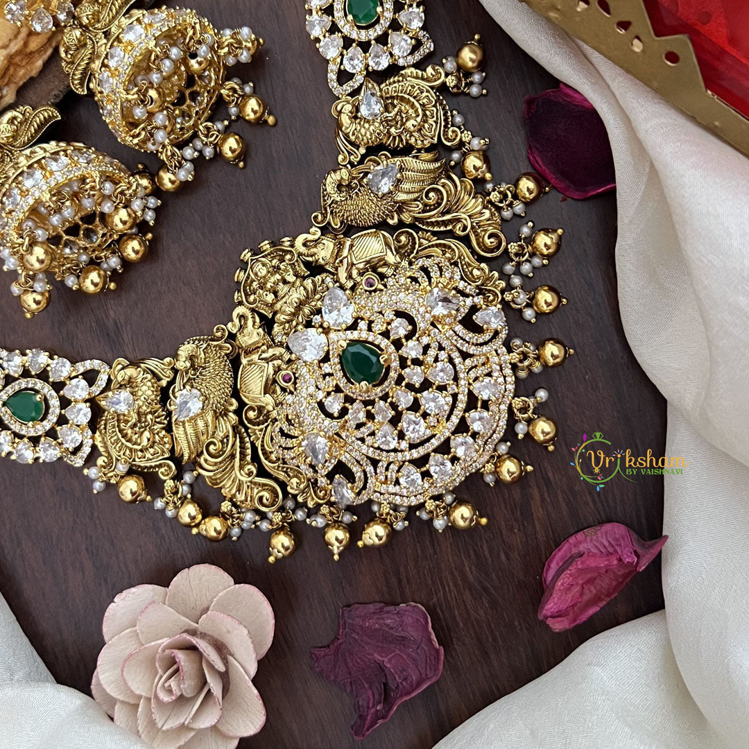 Vriksham Exquisite AD Stone Dual Peacock Elephant Short Neckpiece-Green-Gold Bead-G17842
