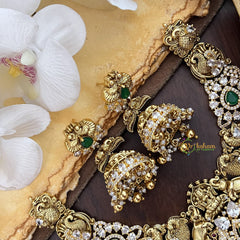 Vriksham Exquisite AD Stone Dual Peacock Elephant Short Neckpiece-Green-Gold Bead-G17842