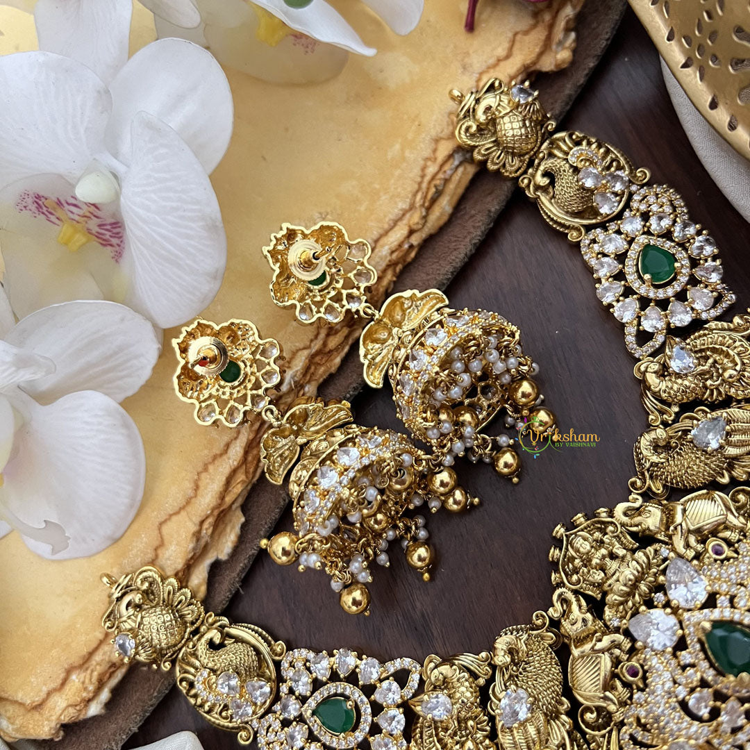 Vriksham Exquisite AD Stone Dual Peacock Elephant Short Neckpiece-Green-Gold Bead-G17842
