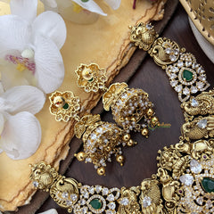 Vriksham Exquisite AD Stone Dual Peacock Elephant Short Neckpiece-Green-Gold Bead-G17842