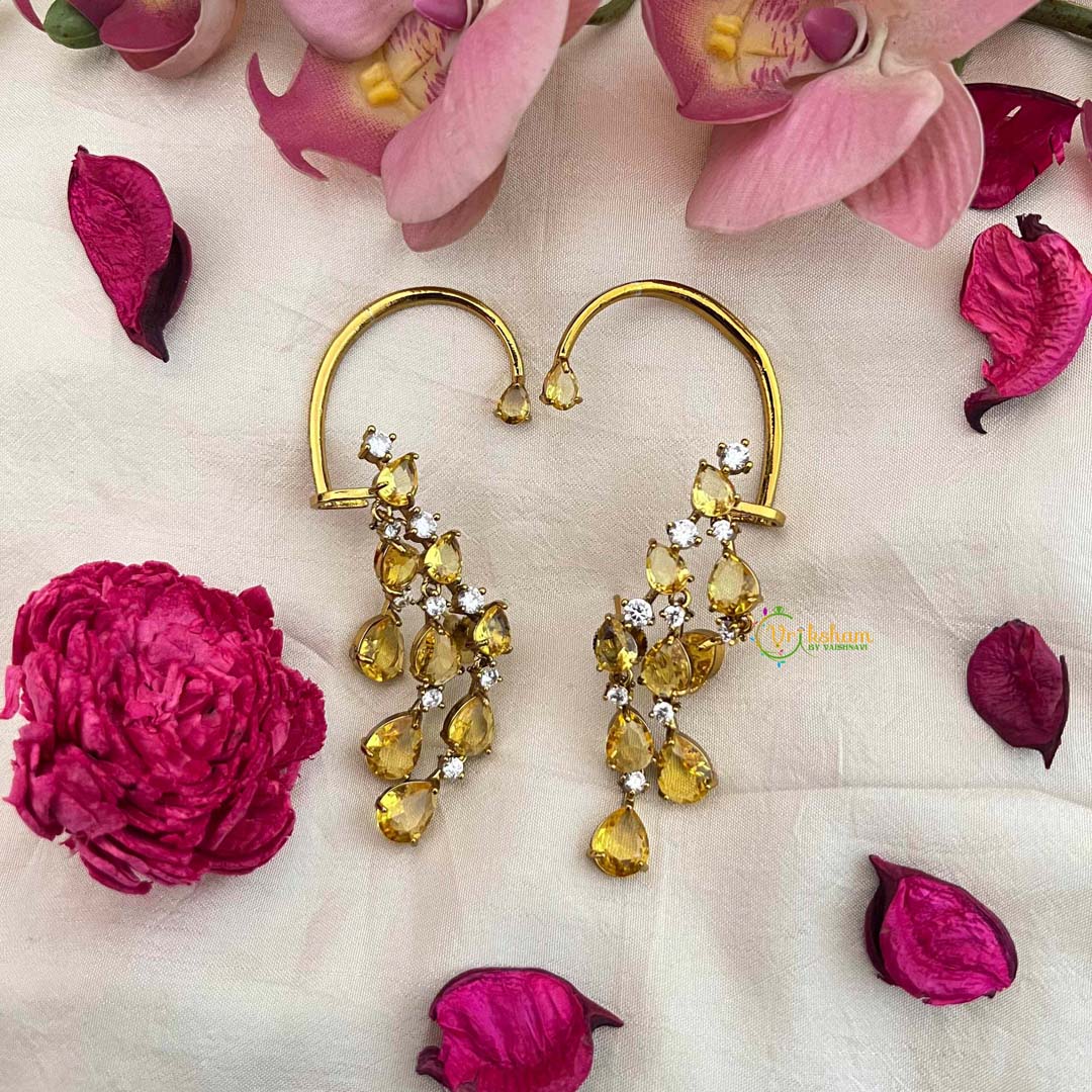 Vriksham Designer Yellow  Gemstone Cascading EarCuff With Stud Earrings-G21424