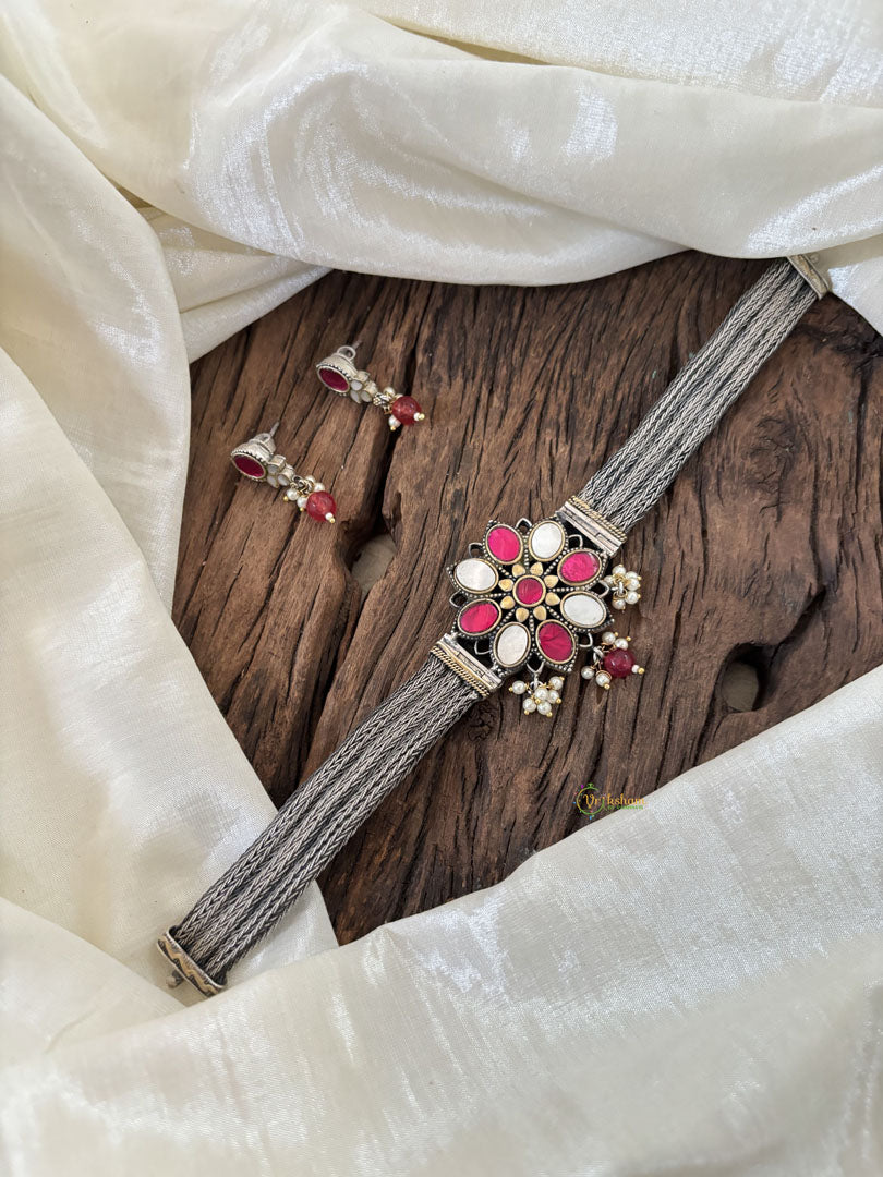 Silver Look Alike Jadau Kundan High Neck Choker-Pink White -J1836