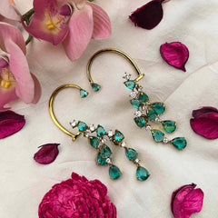 Vriksham Designer Aqua Green Gemstone Cascading EarCuff With Stud Earrings-G21425