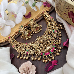 Vriksham Exquisite Lakshmi Elephant & Peacock Jadau Short Neckpiece-Red Green-Gold Bead-G17843