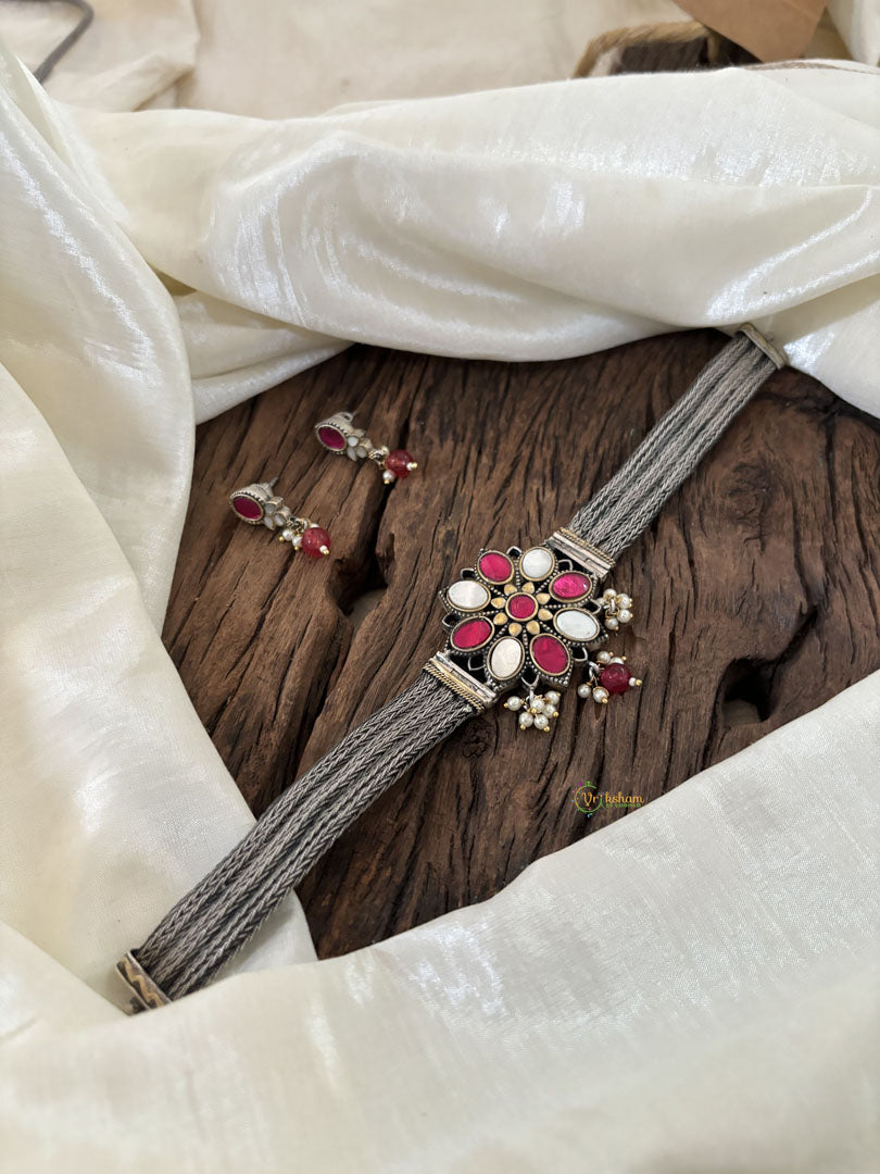 Silver Look Alike Jadau Kundan High Neck Choker-Pink White -J1836