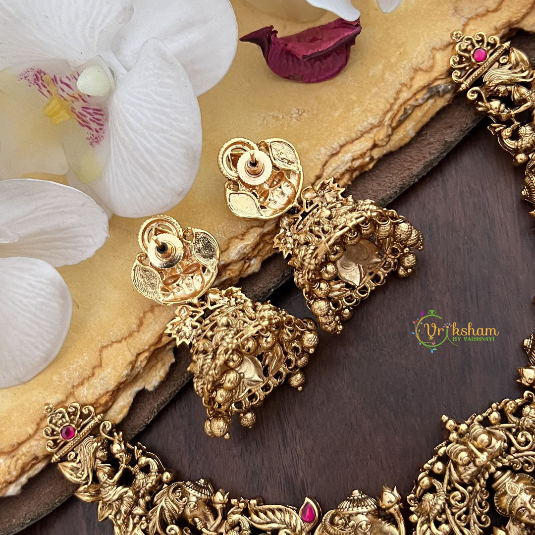 Vriksham Exquisite Lakshmi Elephant & Peacock Jadau Short Neckpiece-Red Green-Gold Bead-G17843