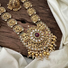 Precious Kemp Stone Mayil Lakshmi Necklace-Golden Beads-Pearls-G12702