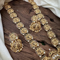 Precious Kemp Stone Mayil Lakshmi Necklace-Golden Beads-Pearls-G12702