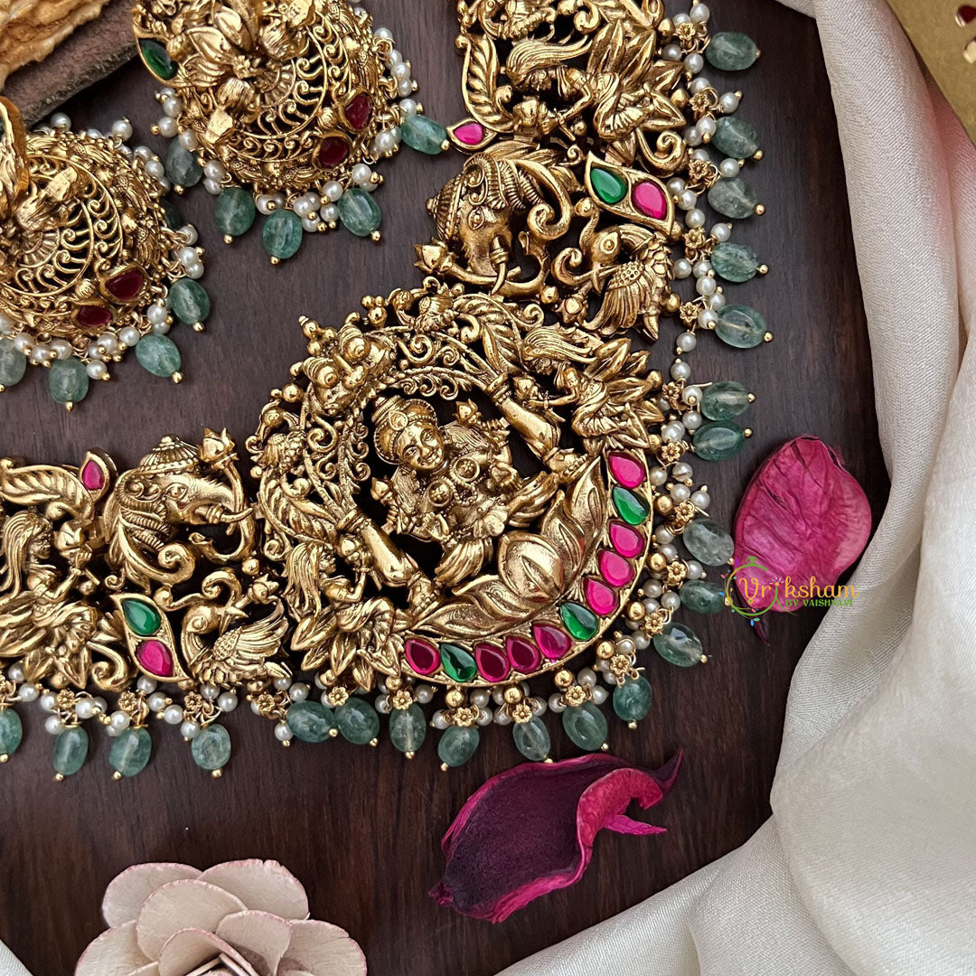Vriksham Exquisite Lakshmi Elephant & Peacock Jadau Short Neckpiece-Red Green-Pastel Green Bead-G17830