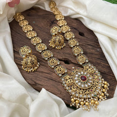 Precious Kemp Stone Mayil Lakshmi Necklace-Golden Beads-Pearls-G12702