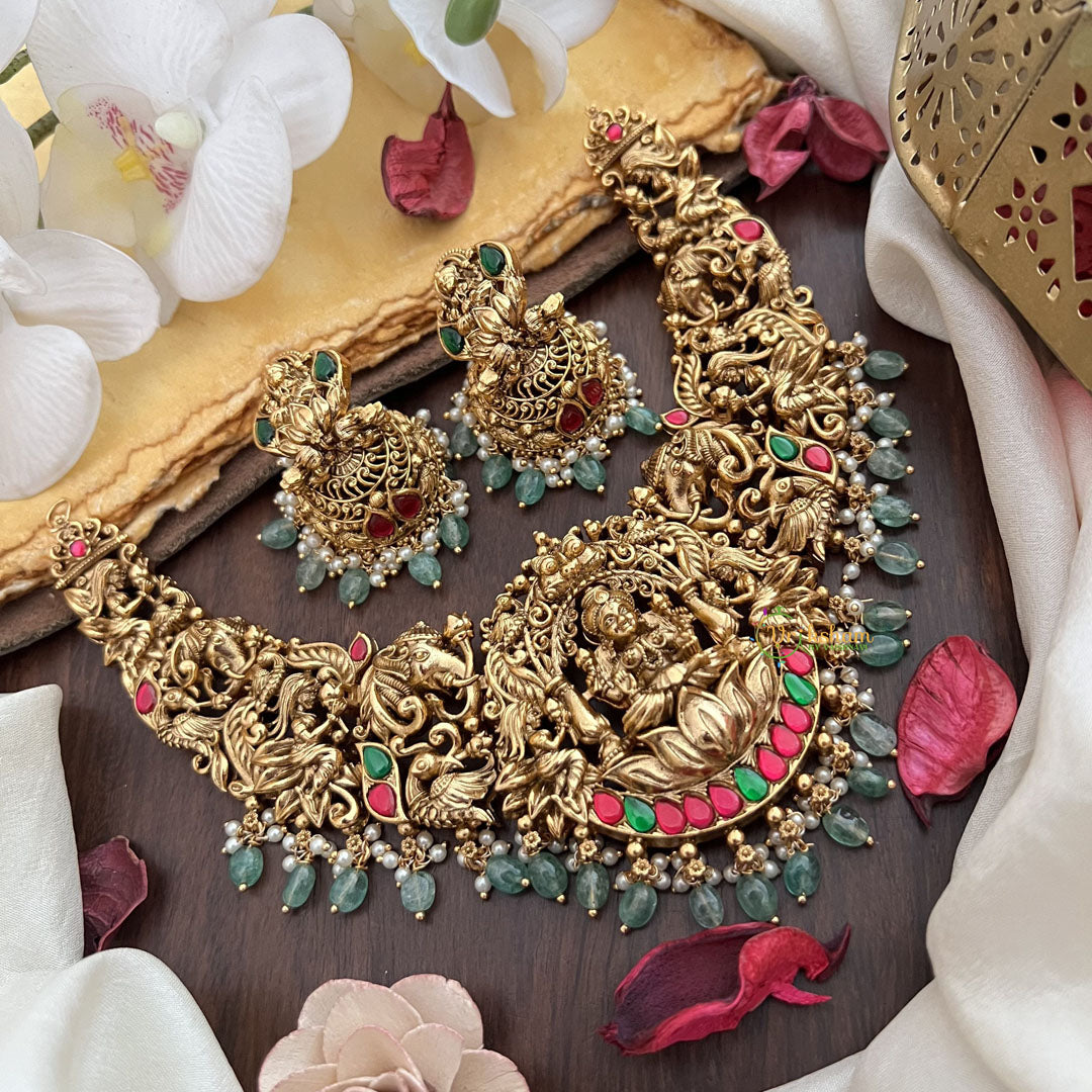 Vriksham Exquisite Lakshmi Elephant & Peacock Jadau Short Neckpiece-Red Green-Pastel Green Bead-G17830