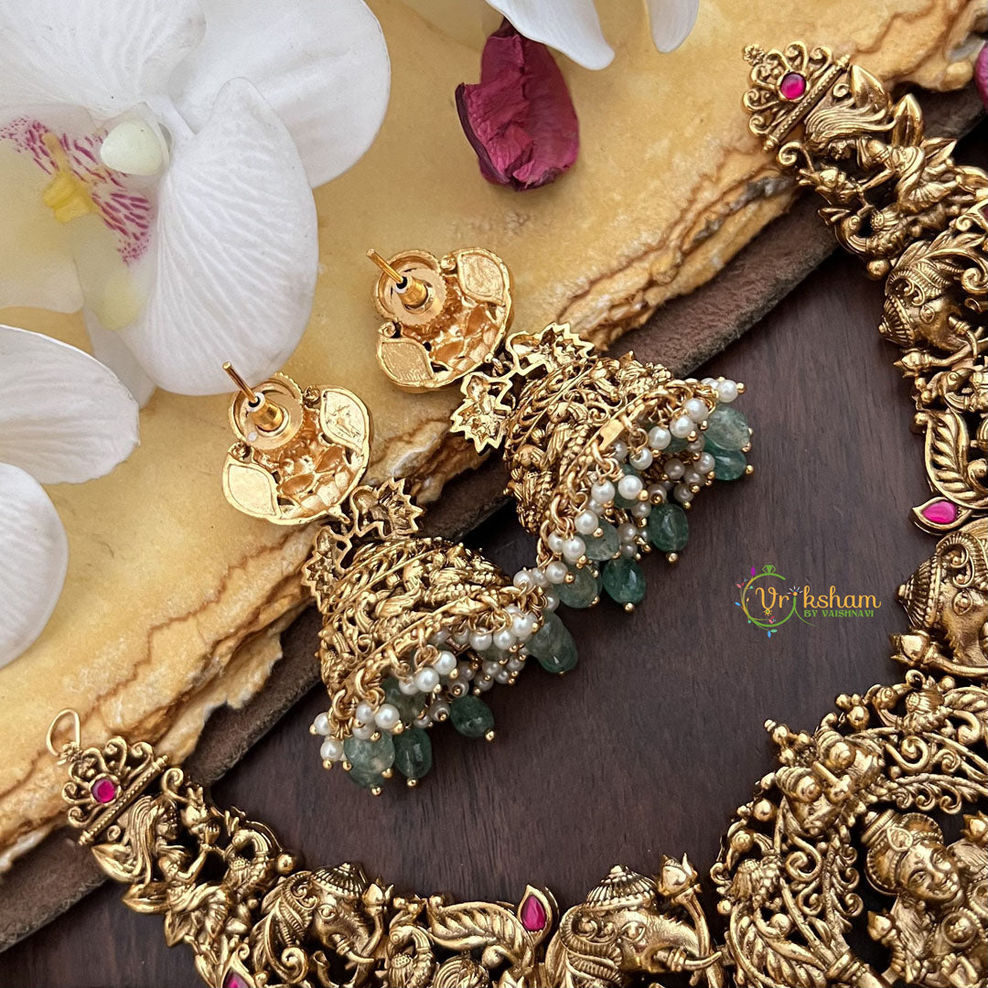 Vriksham Exquisite Lakshmi Elephant & Peacock Jadau Short Neckpiece-Red Green-Pastel Green Bead-G17830