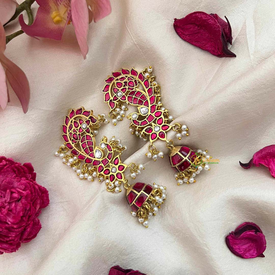 Vriksham Premium Peacock Kundan Jadau Ear Cuff With Jhumka-Red-Pearls-J4071