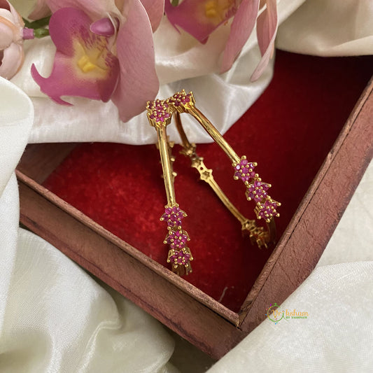Premium Gold Toned Floral Diamond Bangle Set - Pink - G11852