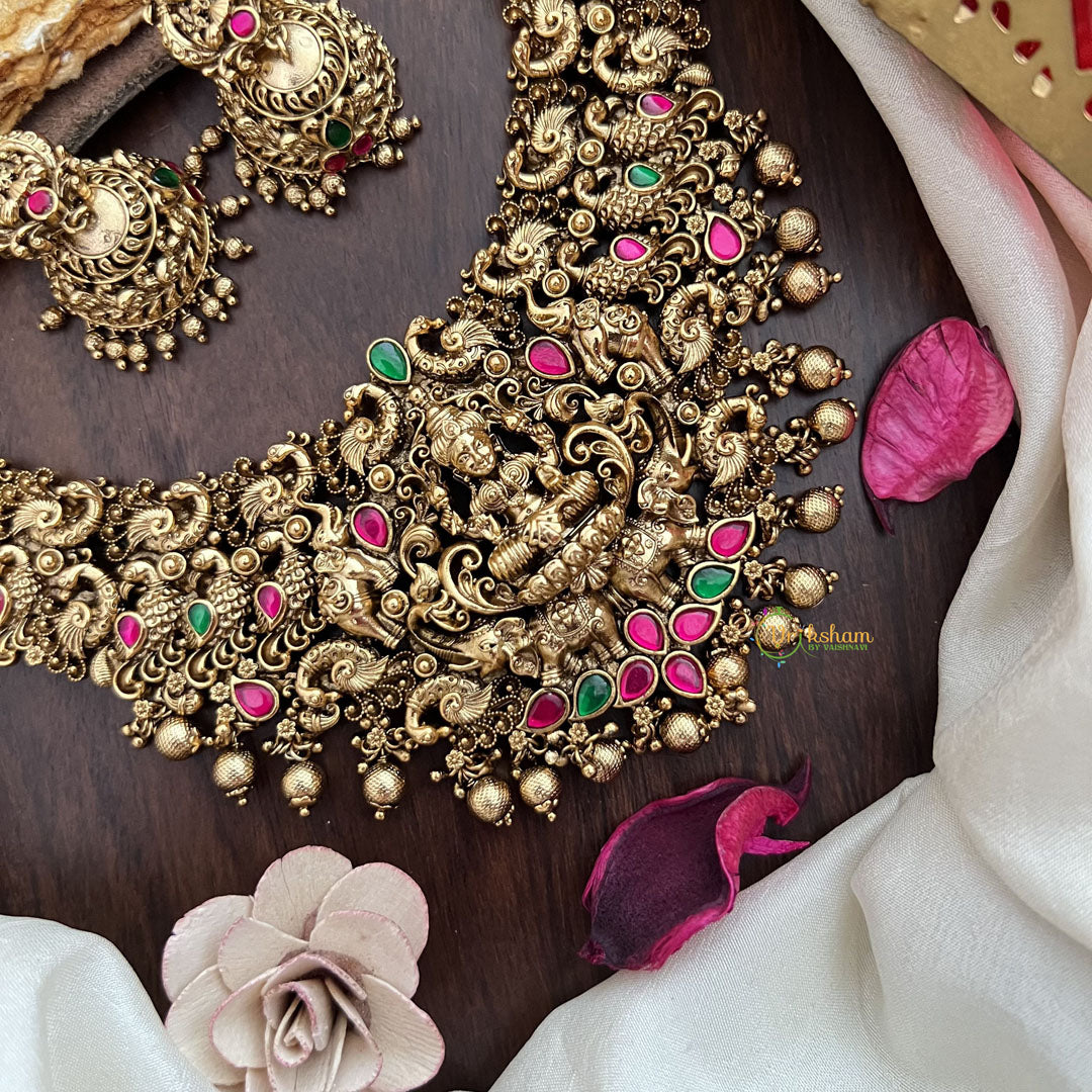 Vriksham Lakshmi with Dual Elephant Peacock Jadau Short Neckpiece-Gold Bead-G17846