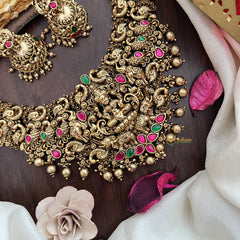 Vriksham Lakshmi with Dual Elephant Peacock Jadau Short Neckpiece-Gold Bead-G17846