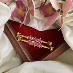 Premium Gold Toned Floral Diamond Bangle Set - Pink - G11852