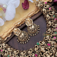 Vriksham Lakshmi with Dual Elephant Peacock Jadau Short Neckpiece-Gold Bead-G17846