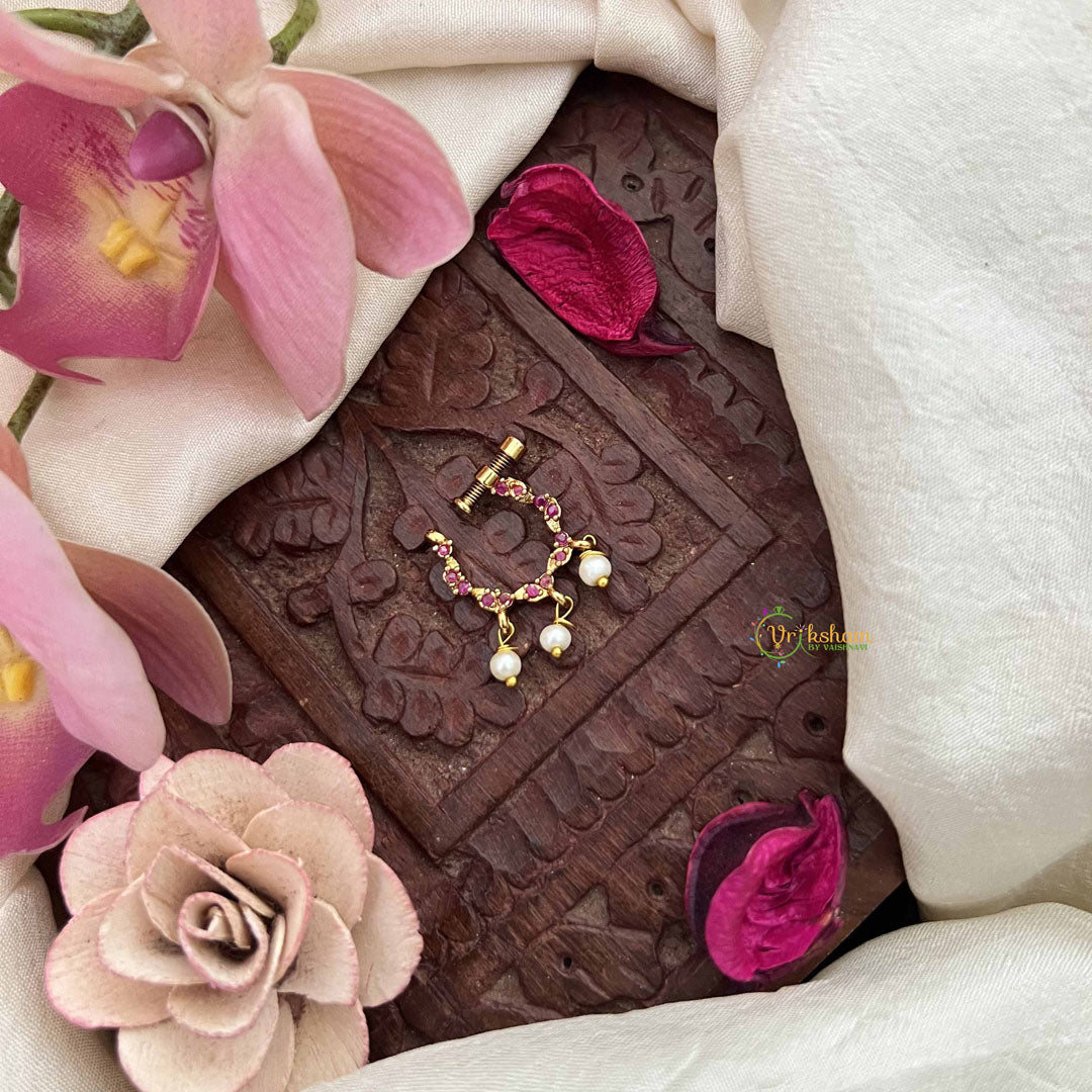 Vriksham Unique 3 Pearls Drop Motif Press Naths/Nose Pin-Red-G20723