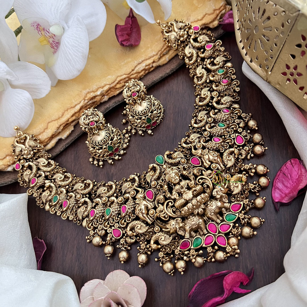 Vriksham Lakshmi with Dual Elephant Peacock Jadau Short Neckpiece-Gold Bead-G17846