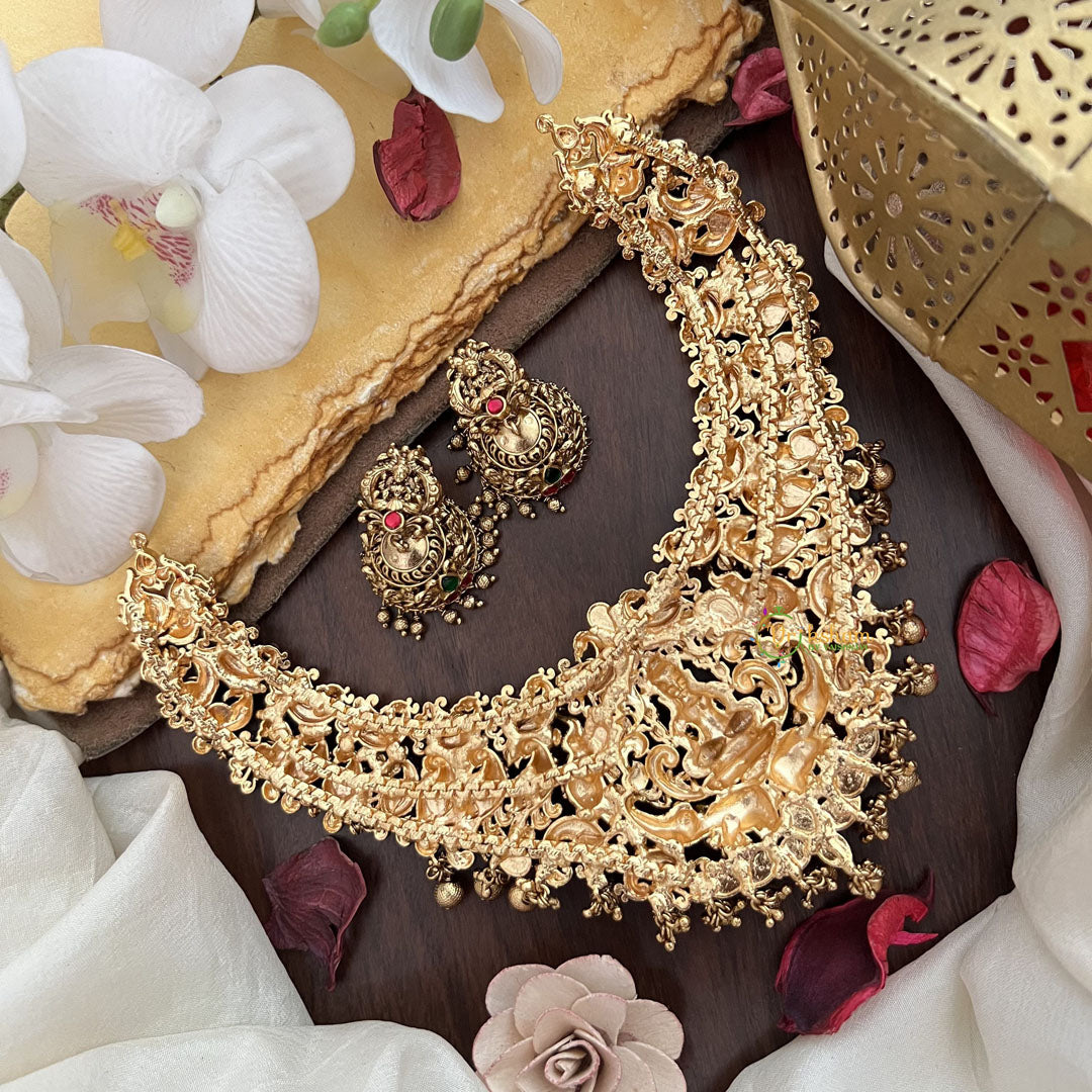 Vriksham Lakshmi with Dual Elephant Peacock Jadau Short Neckpiece-Gold Bead-G17846