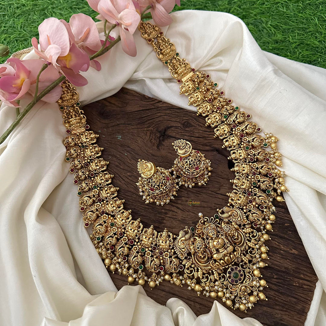 Antique Intricately Designed Lakshmi Neckpiece-Golden Beads-Pearls-G12700