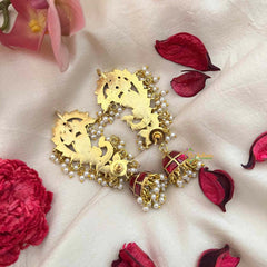 Vriksham Premium Peacock Kundan Jadau Ear Cuff With Jhumka-Red-Pearls-J4071